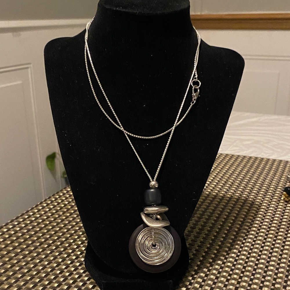 Silver and Black Spiral Pendant Necklace - Women Jewelry